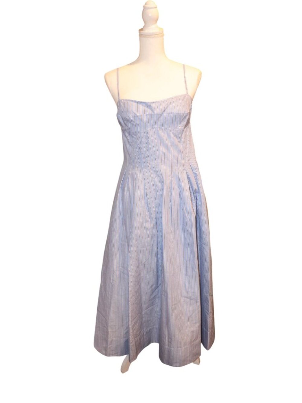 Jonathan Simkhai Harbor Blue Stripe Midi Dress Spaghetti Straps Pleated Full Ski